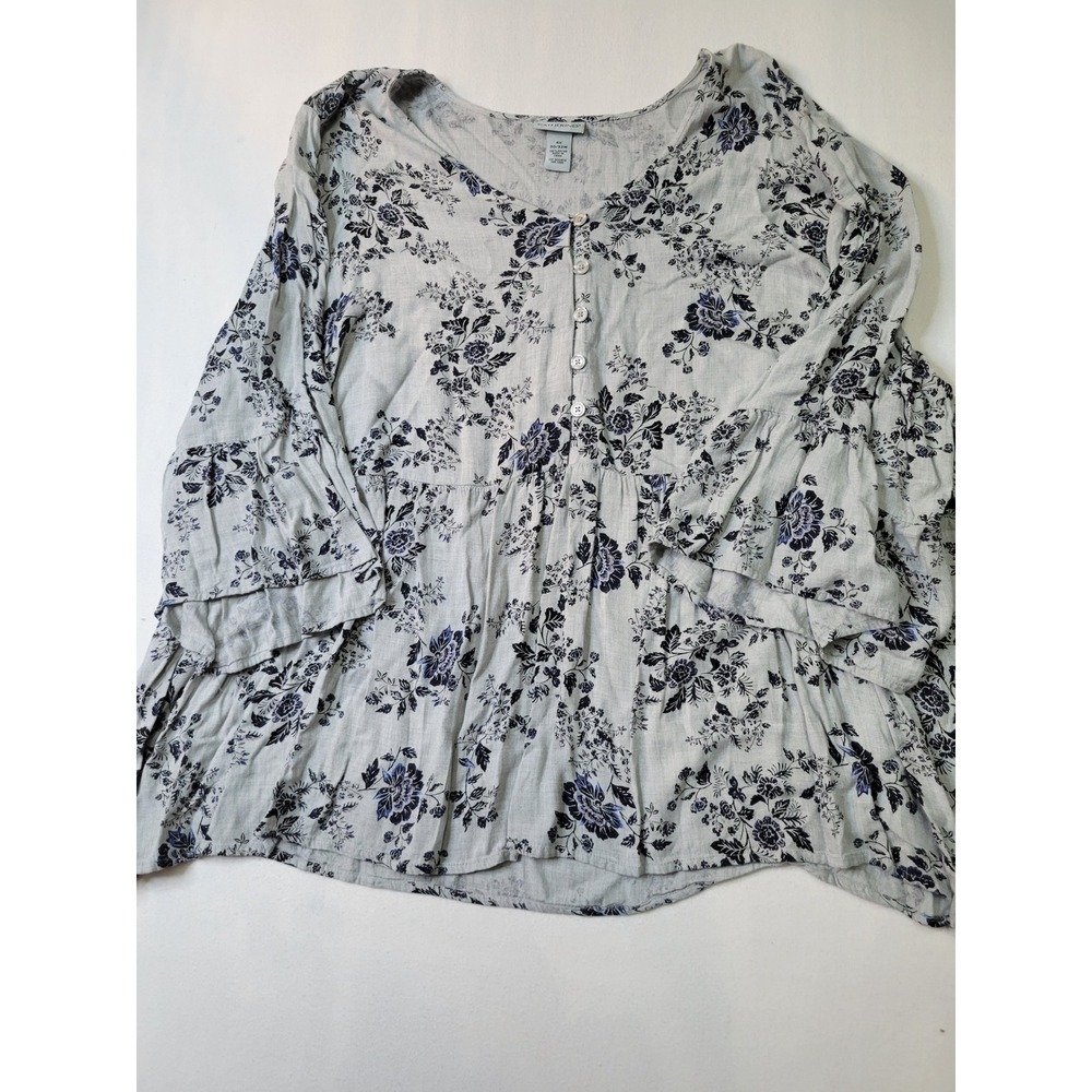 Catherines 4X 30/32W Floral Babydoll Top Blue Rayon Bell Sleeve Peplum Blouse